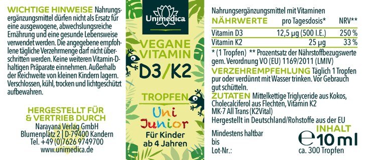 Uni Junior - Vitamin D3 / K2 Tropfen für Kinder mit veganem D3 - 500 I.E. Vitamin D3 und 25 µg Vitamin K2 pro Tagesdosis (1 Tropfen) - 10 ml - von Unimedica