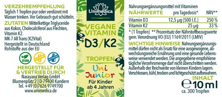 Uni Junior - Vitamin D3 / K2 Tropfen für Kinder mit veganem D3 - 500 I.E. Vitamin D3 und 25 µg Vitamin K2 pro Tagesdosis (1 Tropfen) - 10 ml - von Unimedica