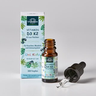 Uni Kids - Vitamin D3 / K2 Tropfen mit veganem D3 aus Flechten 200  I.E. und 5 µg- 10ml - Sonderangebot kurze Haltbarkeit - von Unimedica