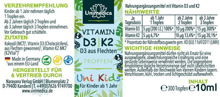 Uni Kids - Vitamin D3 / K2 Tropfen mit veganem D3 aus Flechten 200  I.E. und 5 µg- 10ml - von Unimedica