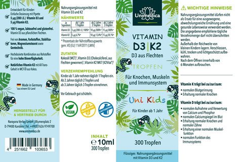 Uni Kids - Vitamin D3 / K2 Tropfen mit veganem D3 aus Flechten 200  I.E. und 5 µg- 10ml - Sonderangebot kurze Haltbarkeit - von Unimedica