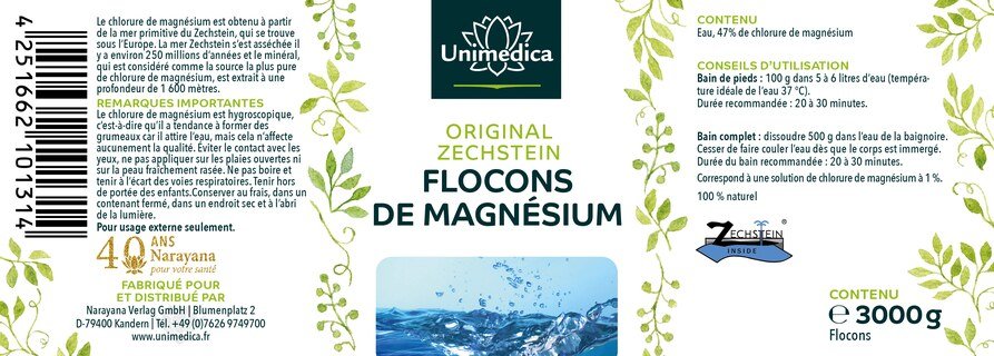 Flocons de magnésium Original Zechstein - 100 % naturel - 3000 g - par Unimedica