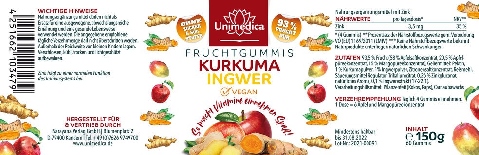 2er-Sparset: Kurkuma-Ingwer Fruchtgummis - mit Zink - 2 x 60 Gummis - von Unimedica