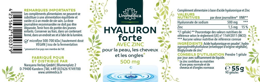 Lot de 2: Acide hyaluronique forte  avec zinc pour la peau, les cheveux et les ongles* - 500 mg d'acide hyaluronique par dose journalière (1 gélule)  hautement dosé - 2 x 90 gélules - par Unimedica