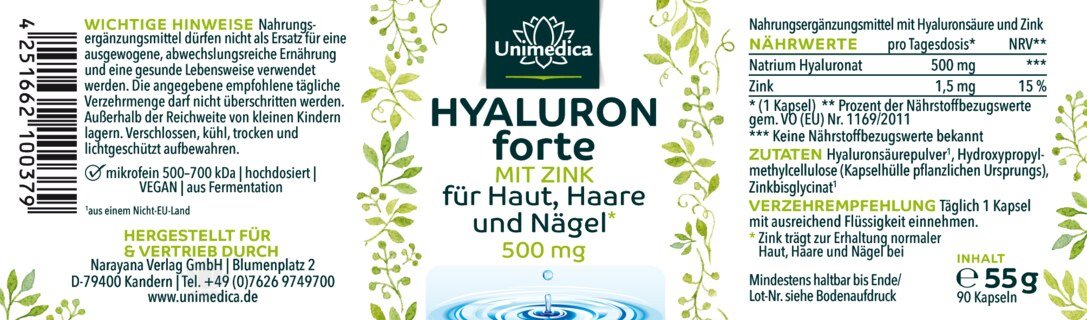 Hyaluron forte - with zinc for skin, hair and nails* - 500 mg hyaluron per daily dose (1 capsule) - high-dose - 2 x 90 capsules - by Unimedica