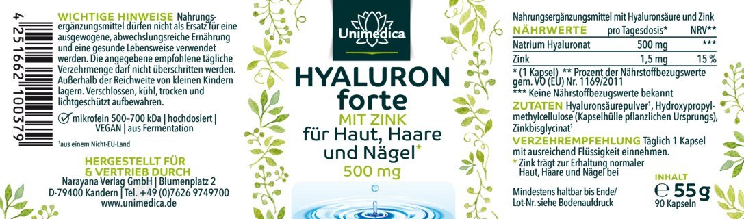 Hyaluron forte - with zinc for skin, hair and nails* - 500 mg hyaluron per daily dose (1 capsule) - high-dose - 90 capsules - from Unimedica