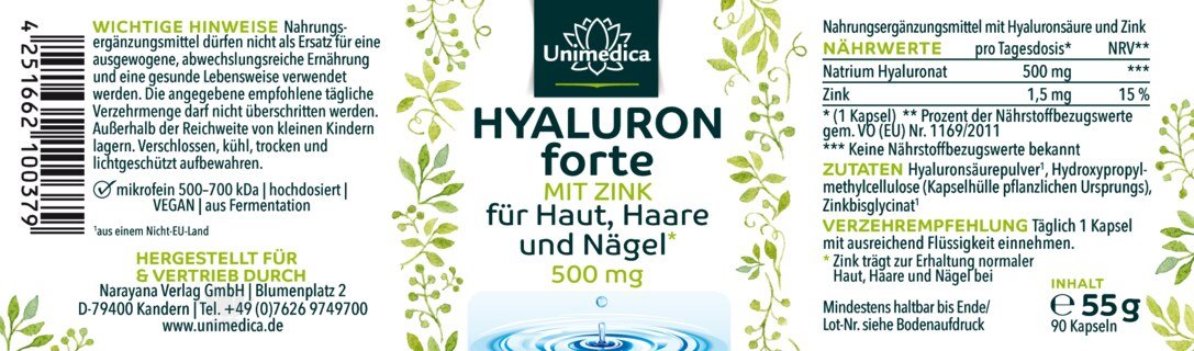 Lot de 2: Acide hyaluronique forte  avec zinc pour la peau, les cheveux et les ongles* - 500 mg d'acide hyaluronique par dose journalière (1 gélule)  hautement dosé - 2 x 90 gélules - par Unimedica