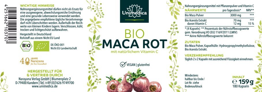 Maca rouge BIO - avec vitamine C de l'acérola bio - 180 gélules - par Unimedica