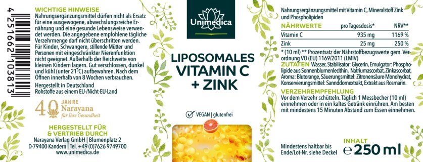 Liposomales Vitamin C + Zink - 935 mg Vitamin C und 25 mg Zink pro Tagesdosis (10 ml) - 250 ml - von Unimedica