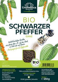 Bio schwarzer Pfeffer - ganze Körner - 250 g - für Pfeffermühlen geeignet - von Unimedica
