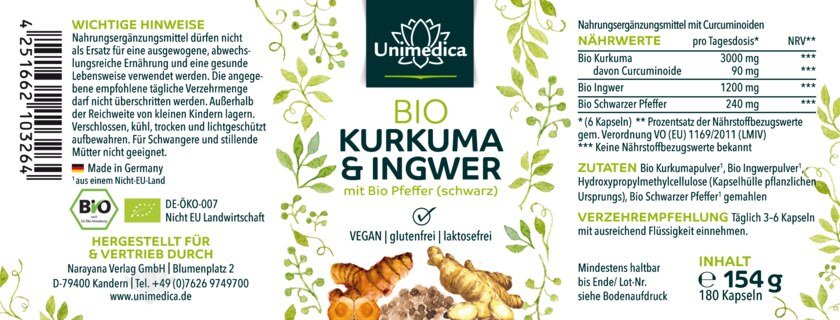 2er-Sparset: Bio Curcuma & Ingwer mit Bio Pfeffer (schwarz) - 2 x 180 Kapseln - von Unimedica