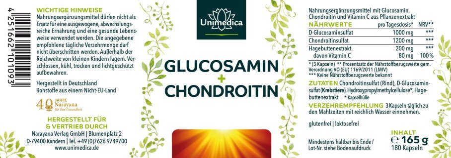 2er-Sparset: Glucosamin + Chondroitin mit 80 mg natürlichem Vitamin C pro Tagesdosis (3 Kapseln) - 2 x 180 Kapseln - von Unimedica