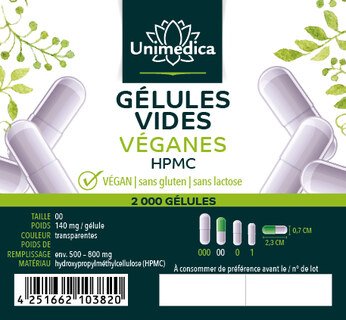 Gélules vides - HPMC - taille 00 - transparentes - véganes  2 000 pcs. - par Unimedica