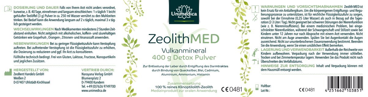 Zeolith Med Detox Pulver - Vulkanmineral - 400 g - von Unimedica