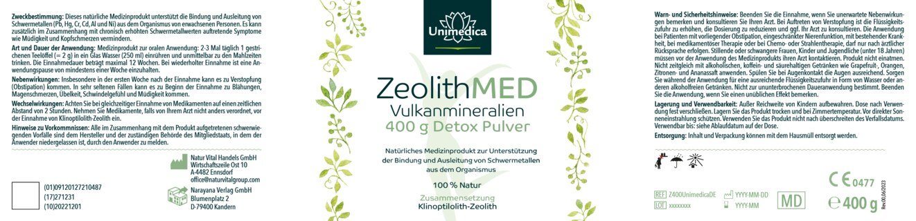 Zeolith Med Detox Pulver - Vulkanmineralien - 400 g - von Unimedica