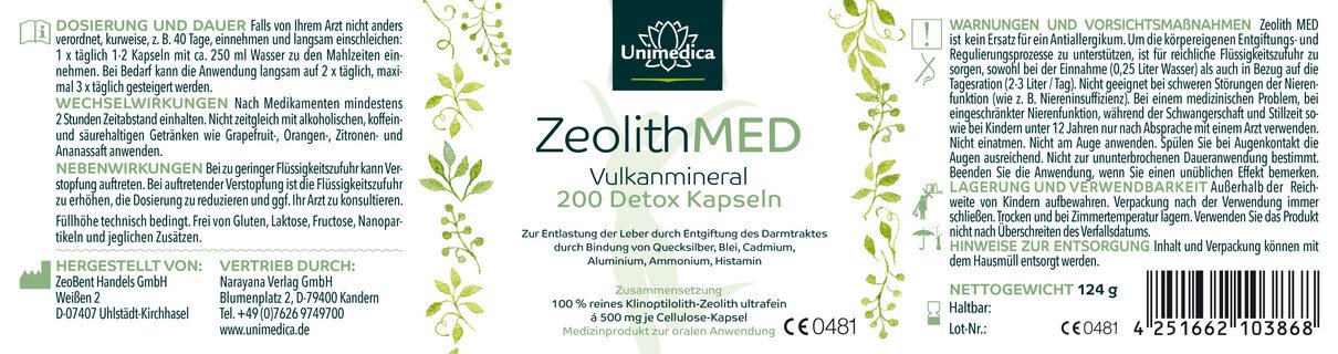 Zeolith MED Detox - 1000 mg reines Klinoptilolith-Zeolith pro Tagesdosis (2 Kapseln) - 200 Kapseln - von Unimedica