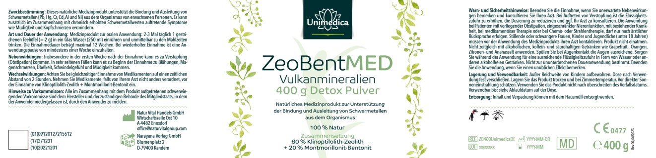 ZeoBent MED Detox Pulver mit Zeolith und Bentonit - 400 g - von Unimedica