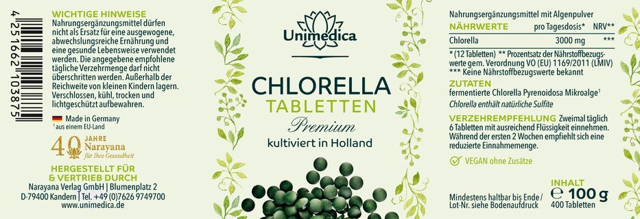 Chlorella Premium - Tabletten - 3000 mg pro Tagesdosis (12 Tabletten) - kultiviert in Holland - sprühgetrocknet - von Unimedica