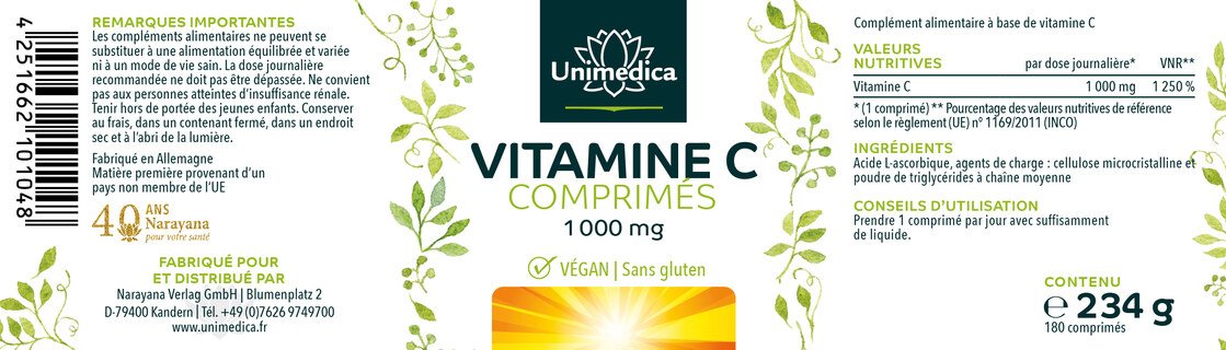 Lot de 2: Vitamine C - 2 x 180 comprimés à dosage élevé - par Unimedica