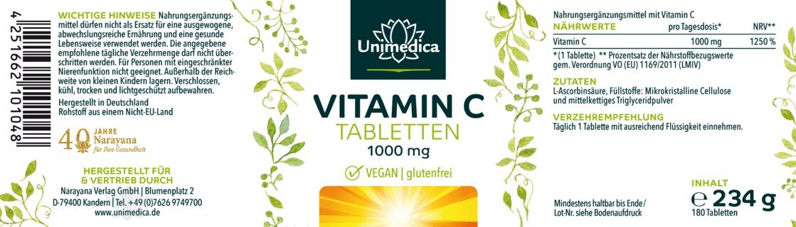 Set: Vitamin C - 1000 mg per daily dose (1 tablet) - 99% purity - 2 x 180 tablets - by Unimedica