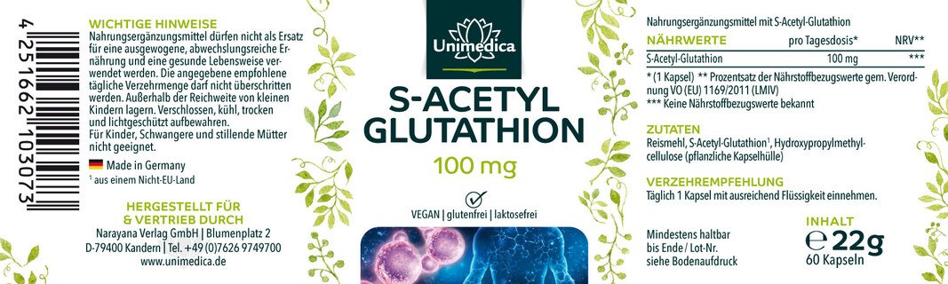 Set: S-Acetyl Glutathione - stable Glutathione form - 100 mg per daily dose (1 capsule) - 2 x 60 capsules - by Unimedica