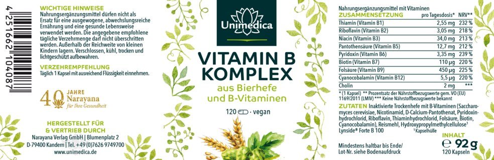Vitamin B-Komplex aus Bierhefe + B-Vitamine - 120 Kapseln - von Unimedica