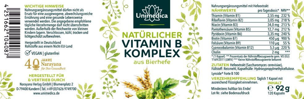 Vitamin B-Komplex aus Bierhefe + B-Vitamine - 120 Kapseln - von Unimedica