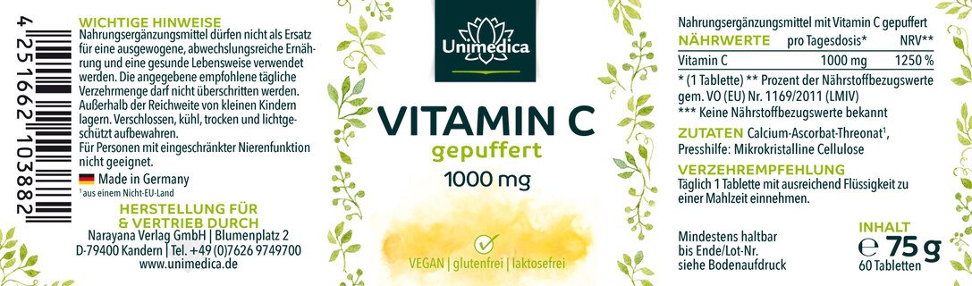 Vitamin C gepuffert - 1000 mg pro Tagesdosis - 60 Tabletten - von Unimedica