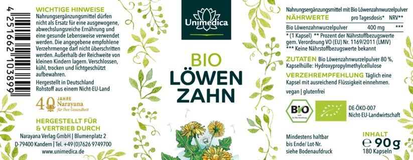 Bio Löwenzahn - 400 mg pro Tagesdosis (1 Kapsel) - 180 Kapseln - von Unimedica