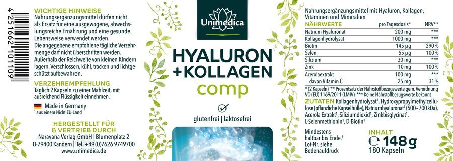 2er-Sparset: Hyaluron + Kollagen comp - mit Vitaminen und Mineralien - 2 x 180 Kapseln - von Unimedica