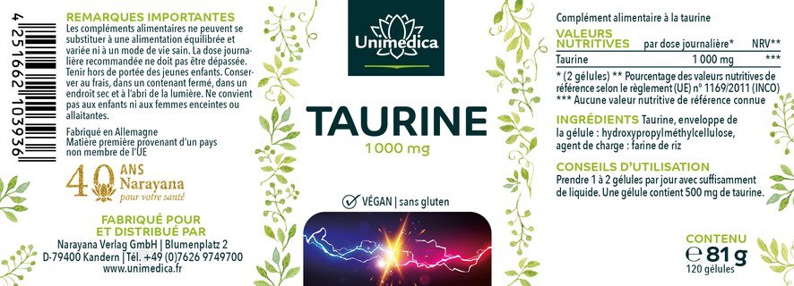 Taurine - 1000 mg par dose journalière (2 gélules) - 120 gélules - par Unimedica