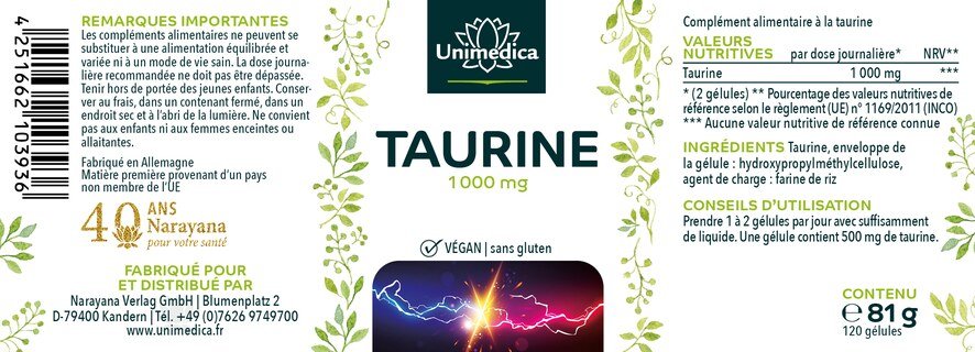 Taurine - 500 mg - 120 gélules - par Unimedica