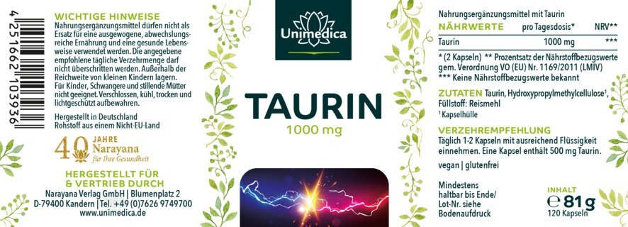 Taurin - 1000 mg pro Tagesdosis (2 Kapseln) - 120 Kapseln - Taurine - von Unimedica