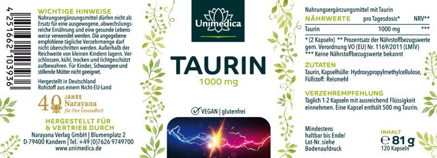 Taurin - 1000 mg pro Tagesdosis - 120 Kapseln - Taurine - von Unimedica