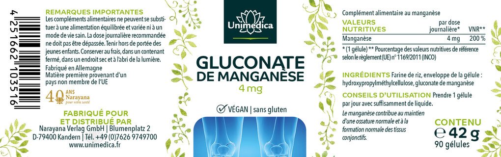 Lot de 2:  Manganèse - 4 mg gluconate de manganèse . 2 x 90 gélules - par Unimedica