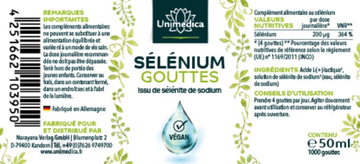 Gouttes de sélénium - 200 µg par dose quotidienne à forte dose - à base de sélénite de sodium - 50 ml - d'Unimedica