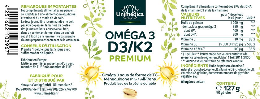 Vitamines D3 + K2 + Oméga 3 - Premium  produit issu de la pêche durable - 90 gélules - par Unimedica