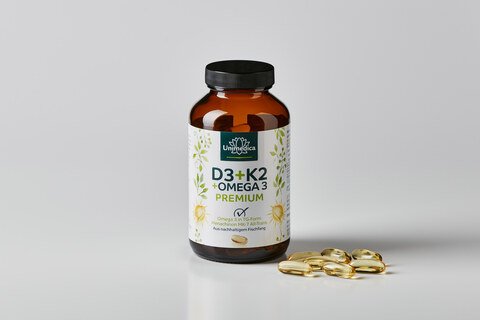 Vitamin D3 + K2 MK7 All-trans + Omega 3 - Premium - aus nachhaltigem Fischfang - 90 Softgelkapseln - von Unimedica