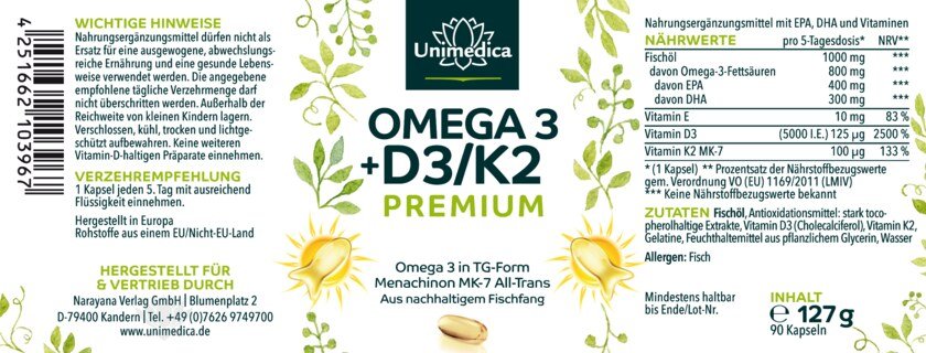 Vitamin D3 + K2 + Omega-3 - Premium  from sustainable fishing - 90 soft gel capsules - from Unimedica