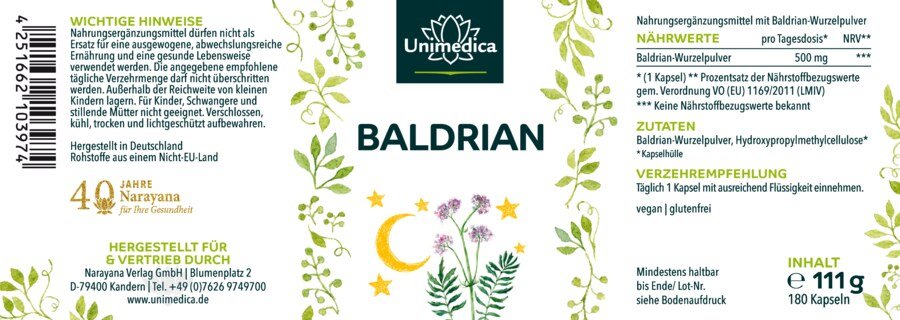 Baldrian - 180 Kapseln -  500 mg pro Tagesdosis (1 Kapsel) - von Unimedica