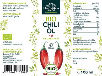 Bio Chiliöl - hot - kaltgepresst - 100 ml - von Unimedica
