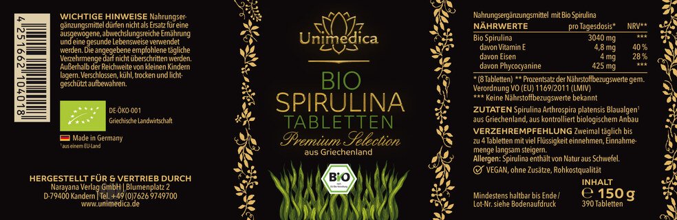 Bio Spirulina Premium Selection - angebaut in Griechenland - Europa - Rohkost - 3040 mg Tagesdosis - 390 Tabletten - von Unimedica
