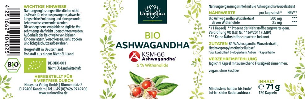 Bio Ashwagandha KSM 66® - 500 mg pro Tagesdosis (1 Kapsel) - 5 % Withanolide - 120 Kapseln - von Unimedica