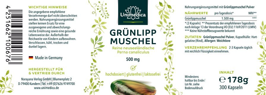 2er-Sparset: Grünlippmuschel - 1500 mg pro Tagesdosis (3 Kapseln) - 2 x 300 Kapseln - von Unimedica