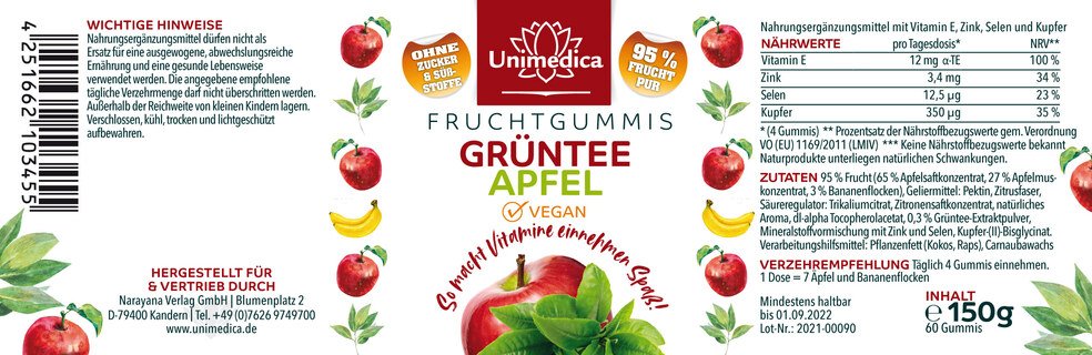 Grüntee-Apfel Fruchtgummis - 60 Gummis - von Unimedica  - Sonderangebot kurze Haltbarkeit