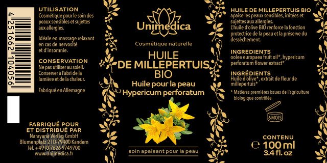 Huile de millepertuis bio pour la peau - 100 ml - par Unimedica