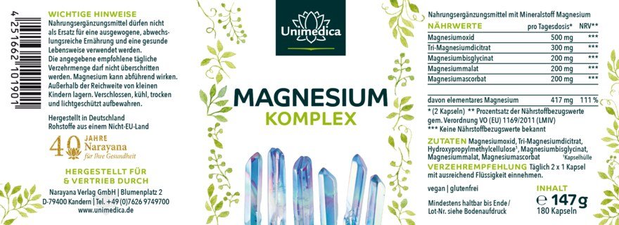 2er-Sparset: Magnesium Komplex - 417 mg elementares Magnesium pro Tagesdosis (2 Kapseln)  - 2 x 180 Kapseln - von Unimedica