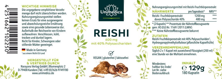 2er-Sparset: Reishi - 1200 mg pro Tagesdosis (2 Kapseln) - Extrakt mit 40 % Polysacchariden - 2 x 180 Kapseln - von Unimedica