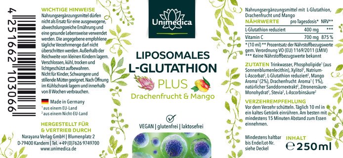 2er-Sparset: Liposomales L-Glutathion PLUS Drachenfrucht & Mango - 2 x 250 ml - von Unimedica