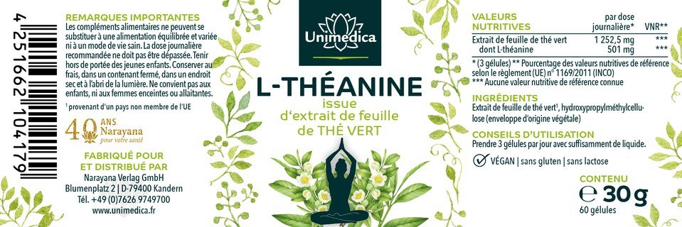 L-théanine  issue d'un extrait de feuille de thé vert - 501 mg par dose journalière - 60 gélules - par Unimedica